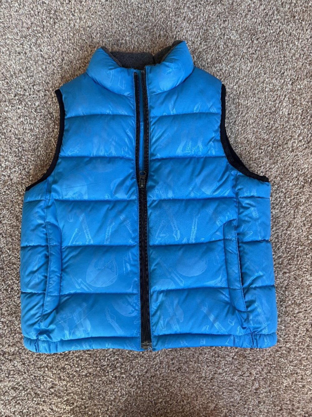 GAP Kids Size 5 Puffer Vest Quilted Electric Blue Subtle Guitar Print